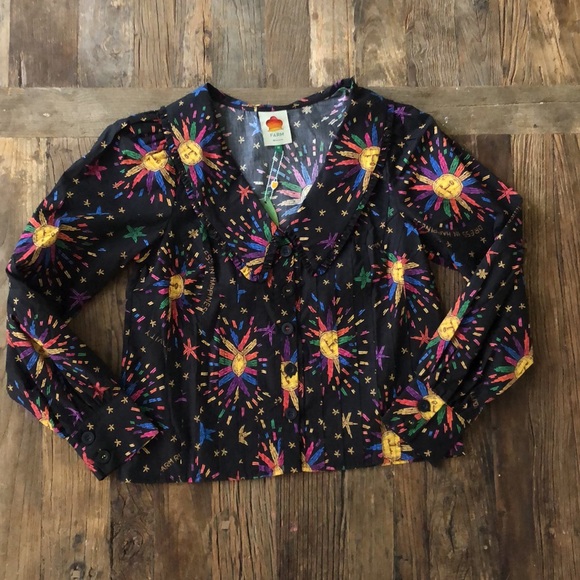 FARM RIO Black Rainbow Suns Blouse button down size medium cotton - Picture 6 of 10